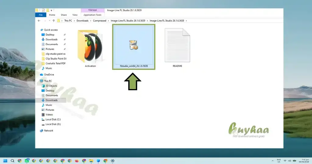 Extracting the FL Studio RAR file and running the flstudio_win64.exe setup
