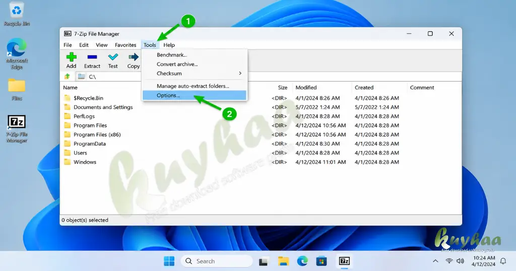 Open 7-zip and open tools, then options