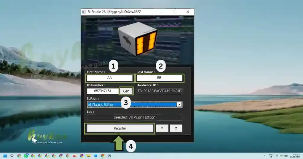 Entering credentials and generating an ID number in the Keygen to register