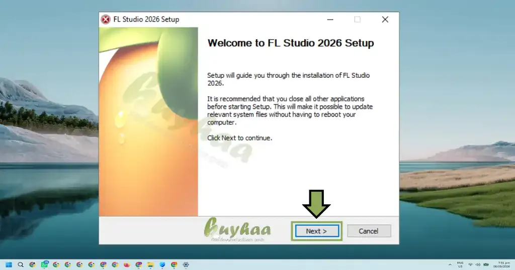 FL Studio 2026 setup wizard welcome screen clicking the Next button