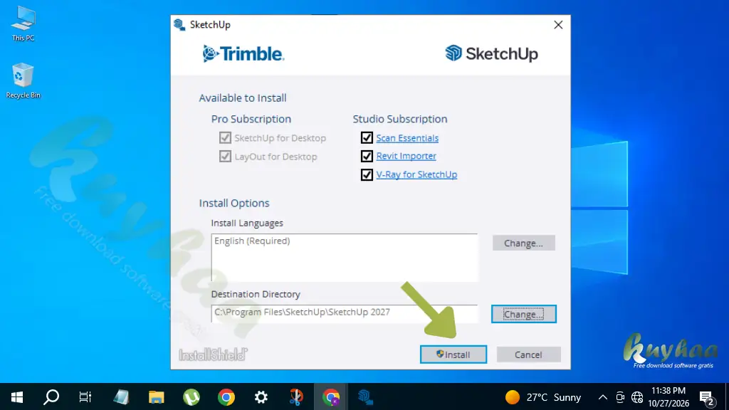 Select Settings, Installation location and click Install