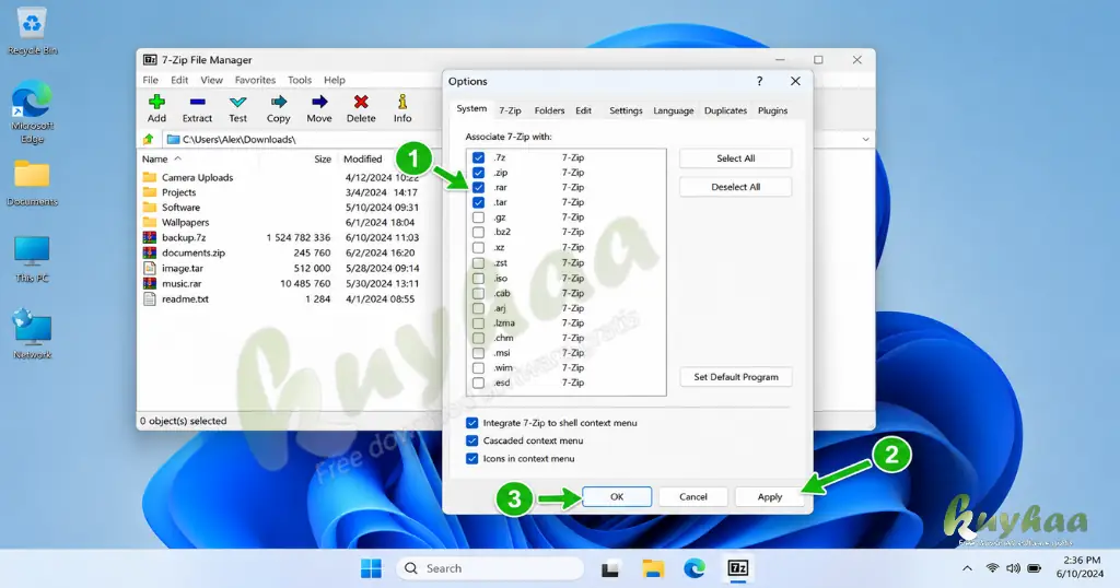 Select the files you want as default to be in 7-zip