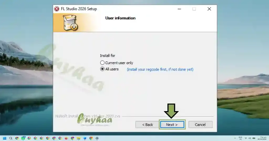 Selecting the install for all users option in the FL Studio setup