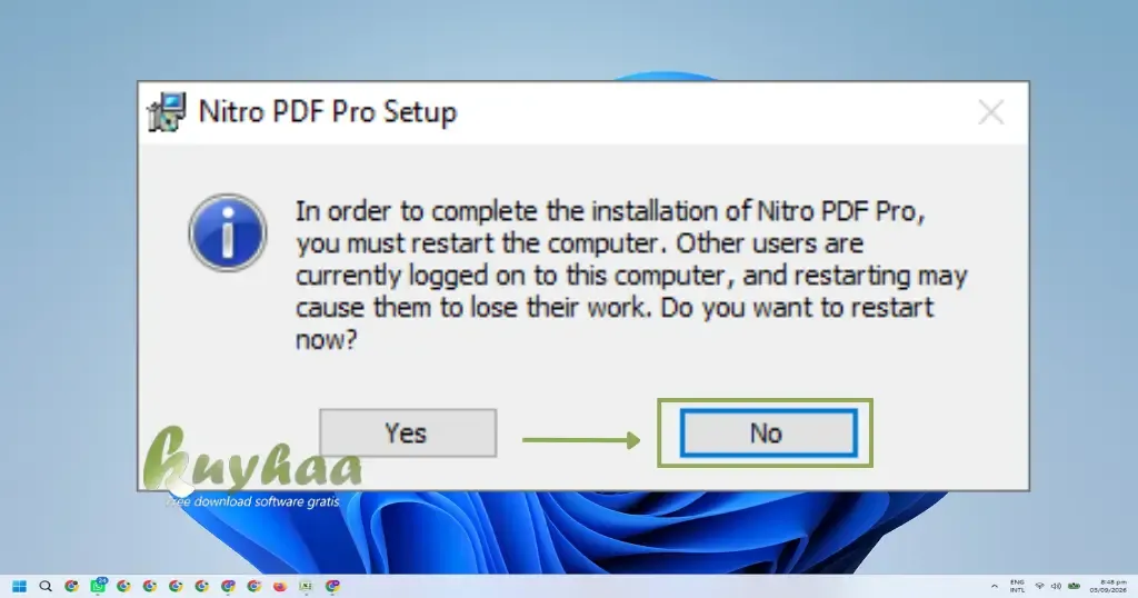 Select No for not restarting your PC