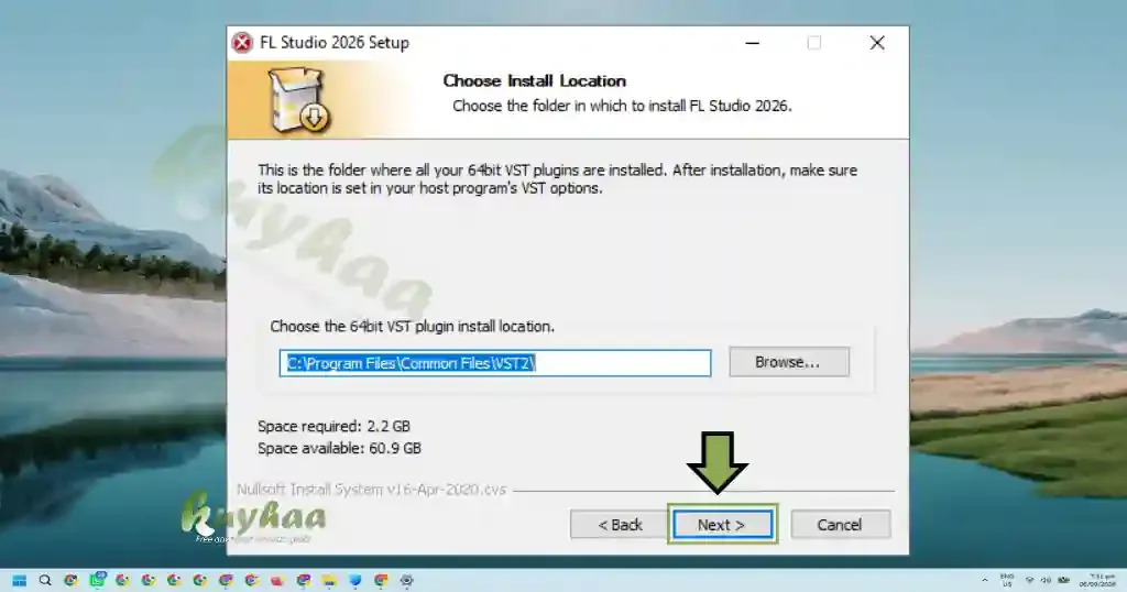 Selecting the default destination folder for the FL Studio installation
