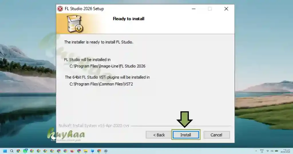 Ready to install screen verifying settings before clicking Install