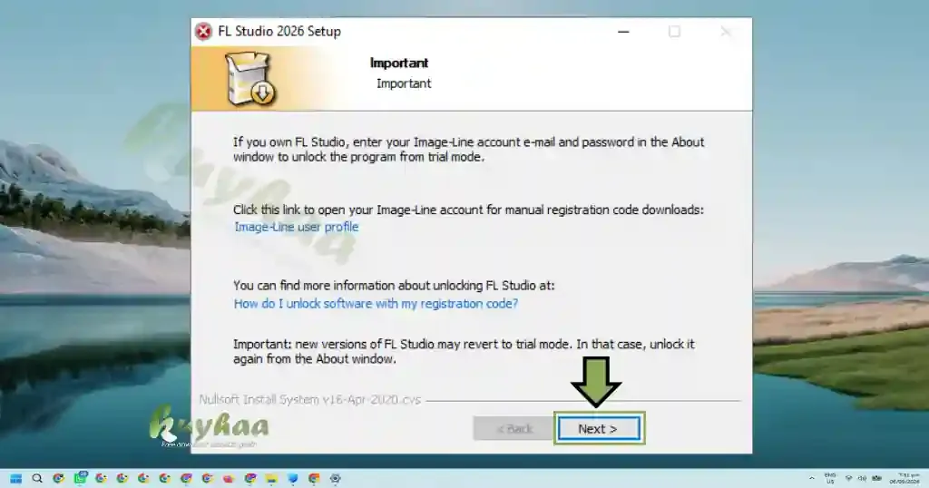Important message prompt reminding users to enter Image-Line account credentials