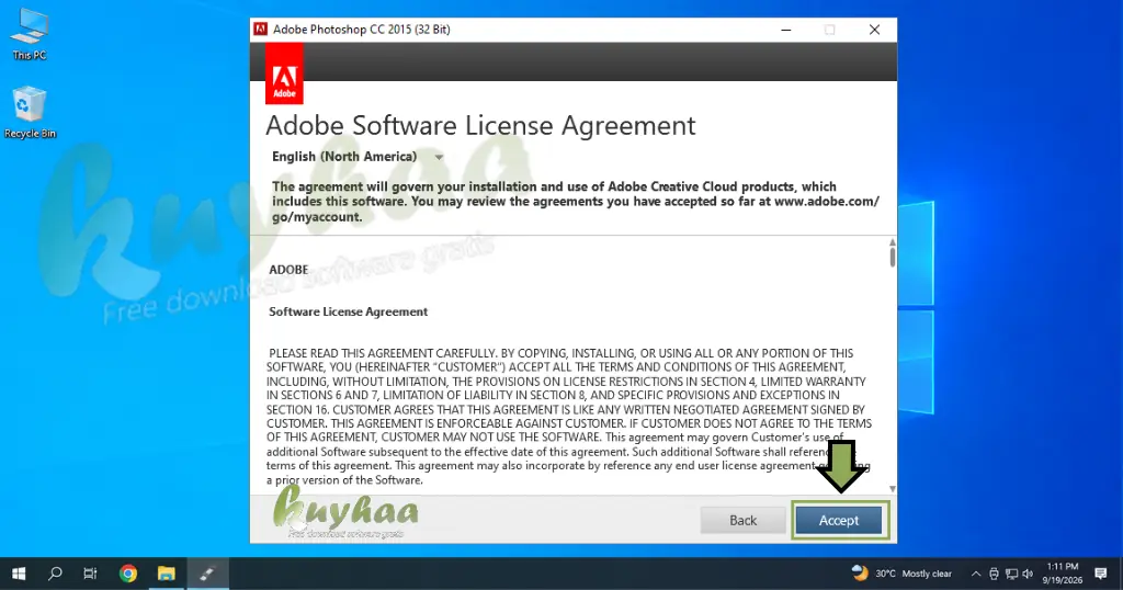 Adobe software license agreement window for Photoshop CC 2015 with the Accept button highlighted at the bottom