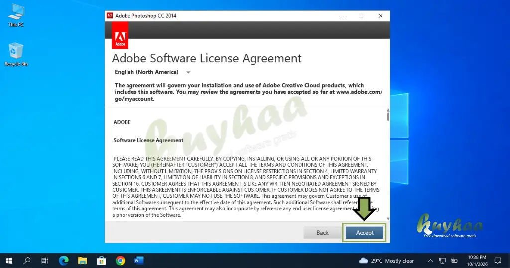 Adobe software license agreement window with the Accept button highlighted at the bottom