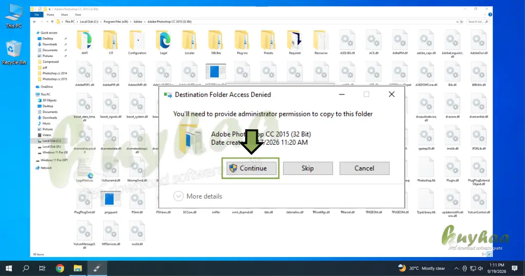 Windows administrator permission dialog box with the Continue button highlighted
