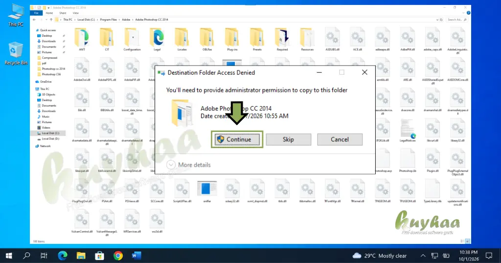 Windows administrator permission dialog box with the Continue button highlighted