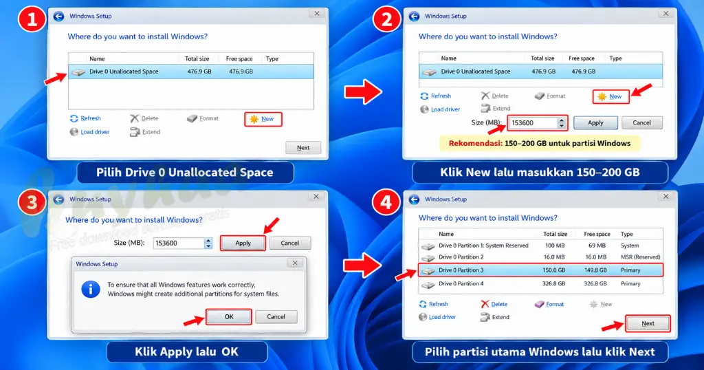 Panduan partisi saat install Windows 11 dengan membuat partisi utama 150 GB lalu klik Next