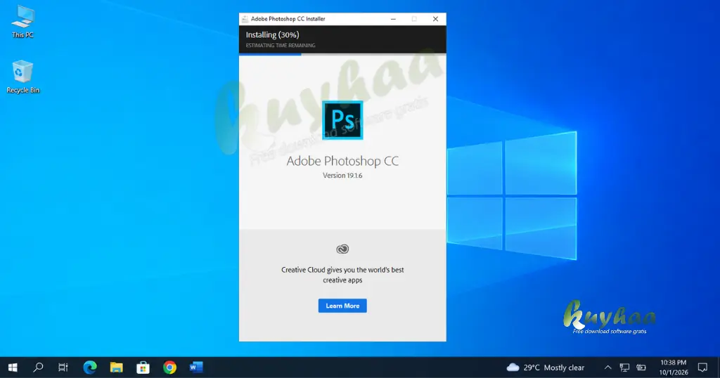 Adobe installer configuration window showing language selection options and the installation directory path.