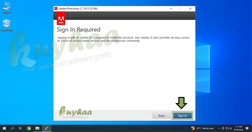 Adobe ID sign-in requirement prompt with the Sign In button highlighted