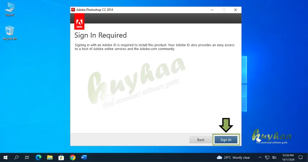 Adobe ID sign-in requirement prompt with the Sign In button highlighted