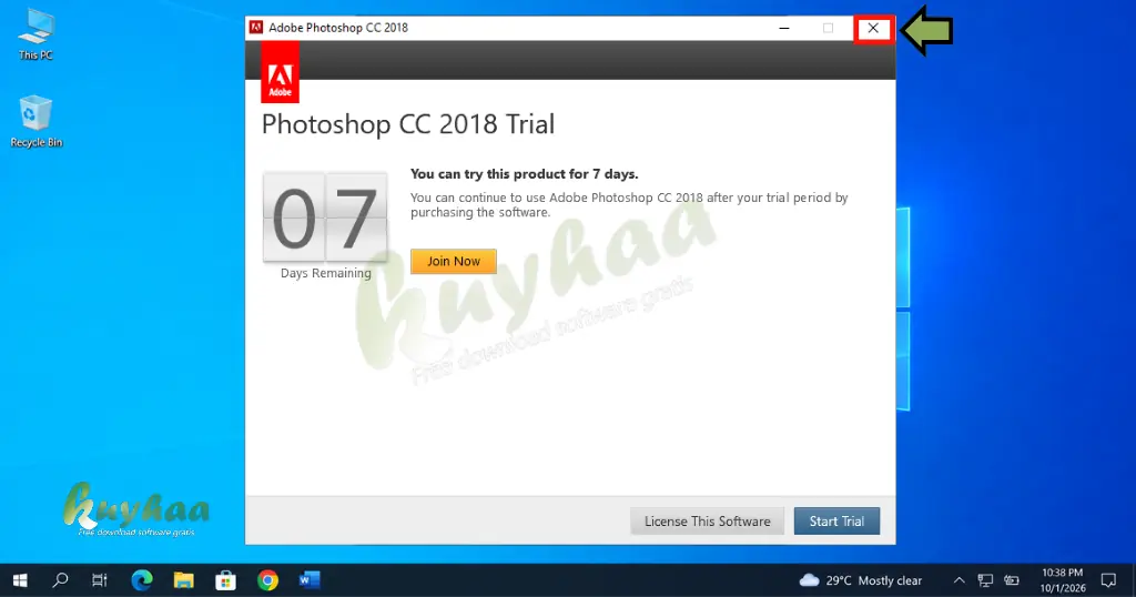 Desktop screen showing the 7-day free trial notice before closing the application