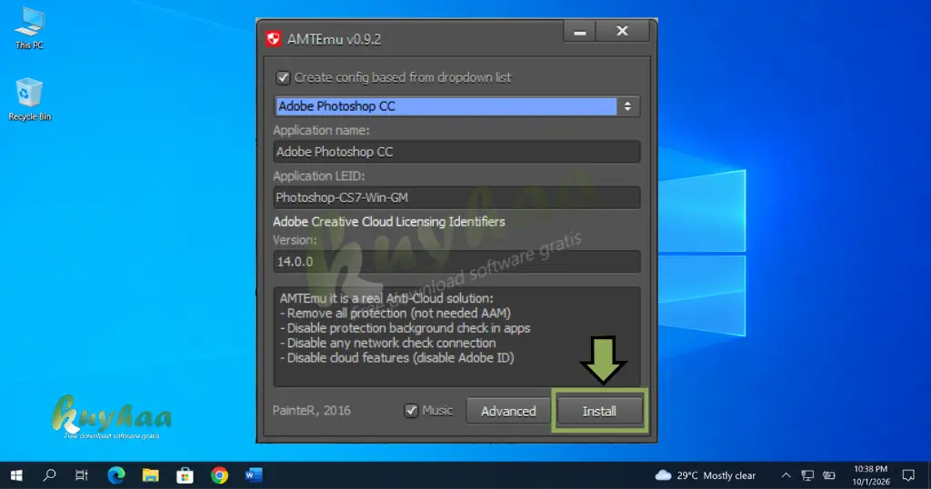 AMTEmu interface with the product version dropdown menu selected and the Install button highlighted