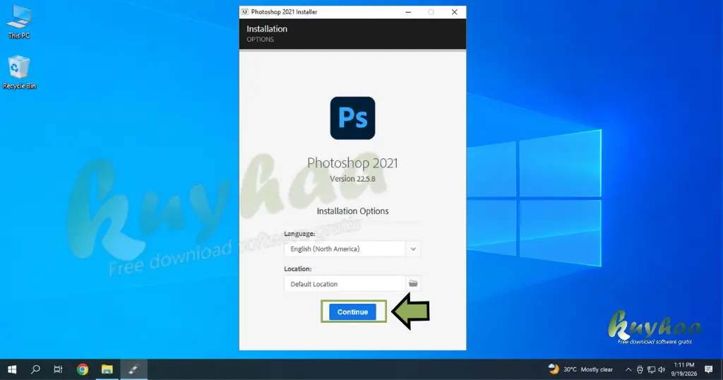 Software installation wizard showing directory path selection, language options, and the Continue button