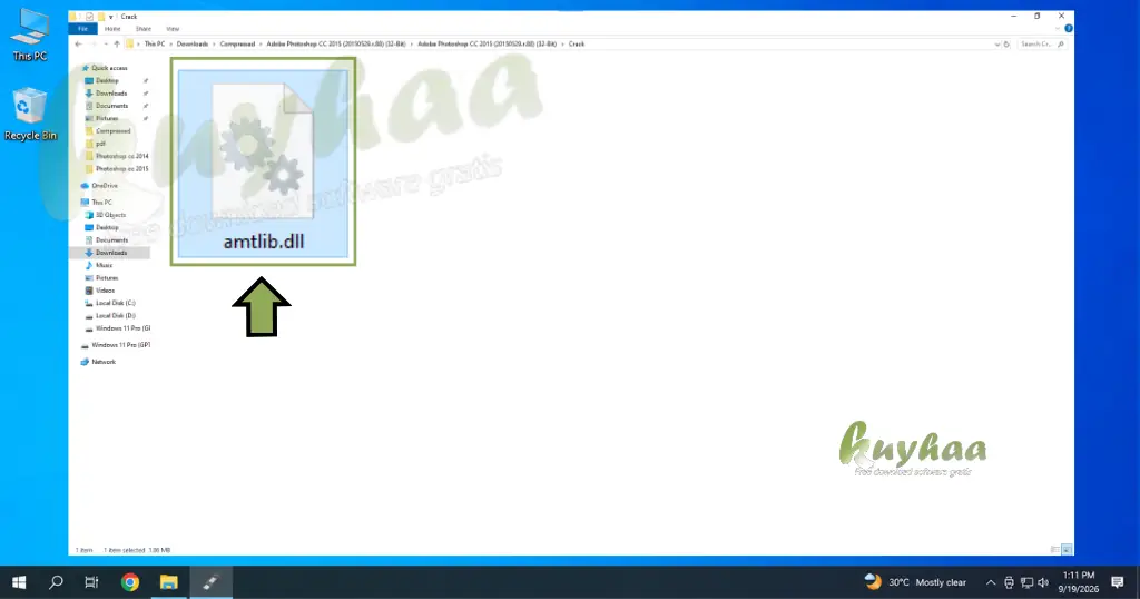 File Explorer highlighting the activation .dll patch file with the context menu showing the Copy option