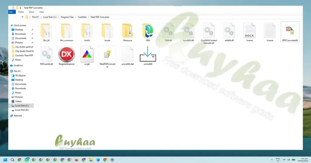Jendela File Explorer menampilkan isi direktori instalasi Total PDF Converter di folder Program Files drive C.