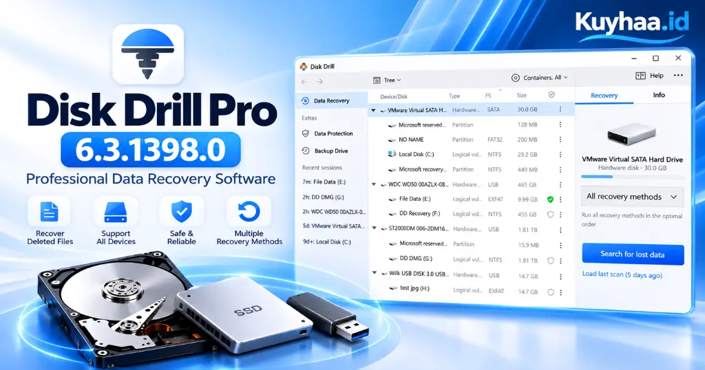 Tampilan antarmuka Disk Drill Pro 6.3.1398.0 untuk pemulihan data di Windows