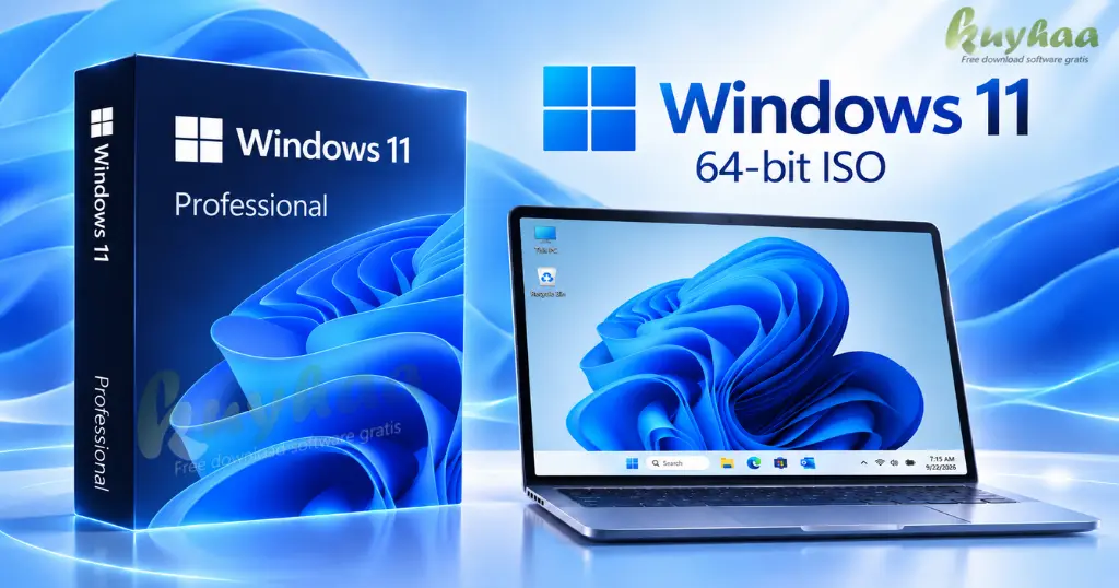 Feature image download Windows 11 Professional 64-bit ISO dengan box Windows 11 Pro dan tampilan desktop Windows 11 pada laptop