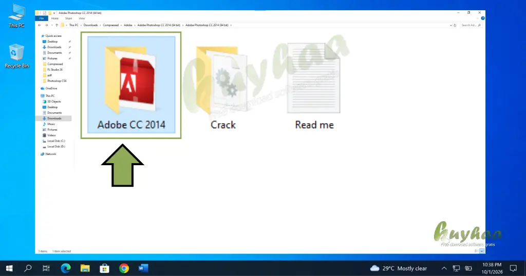 File Explorer showing the extracted folders of Adobe Photoshop CC 2014 with the main setup folder opened