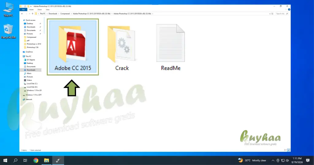File Explorer showing the extracted folders of Adobe Photoshop CC 2015 with the main setup folder opened