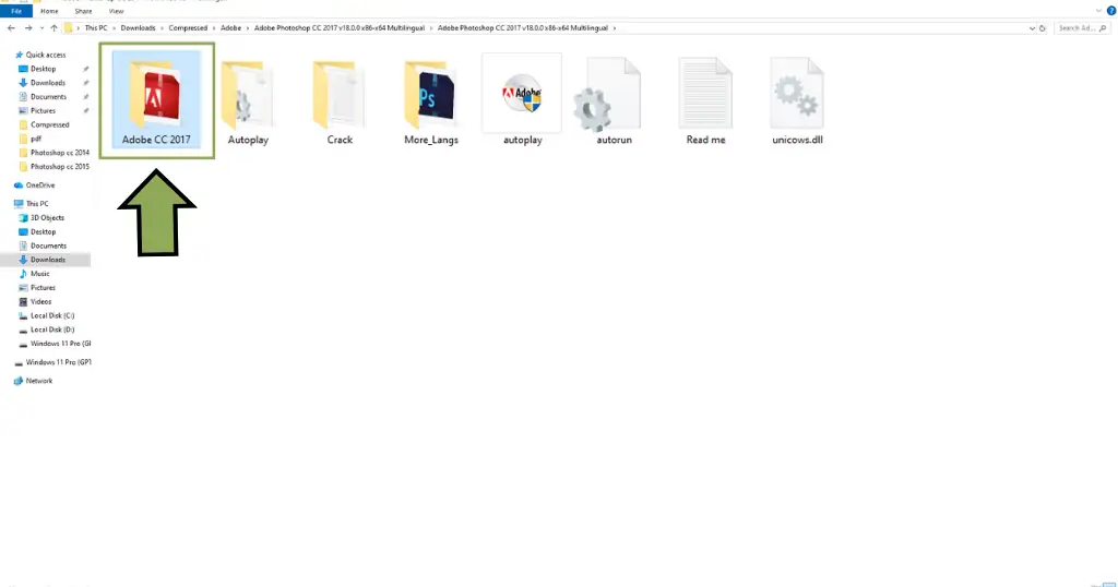 WinRAR window showing the extracted folder for Adobe Photoshop CC 2017