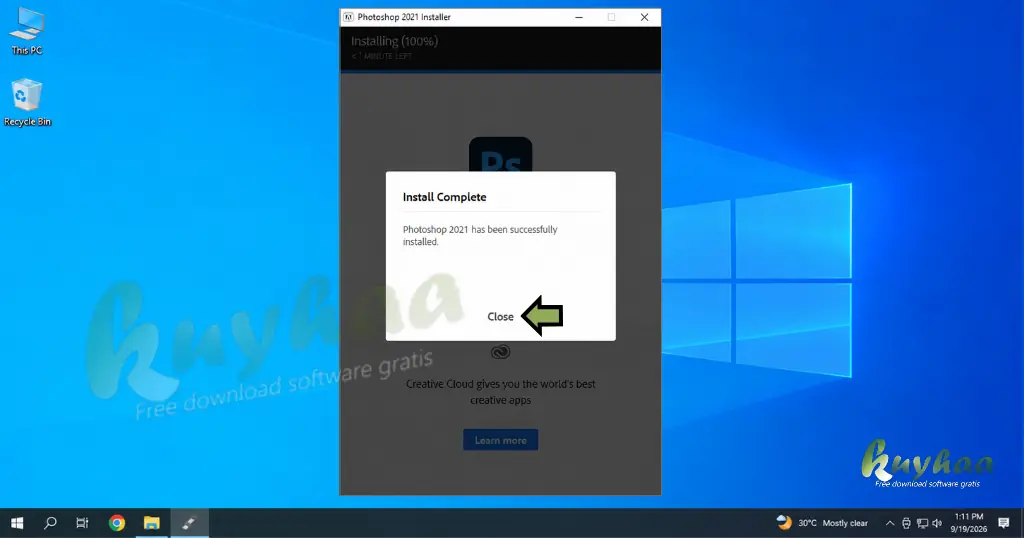 Successful installation completion dialog box highlighting the Close button