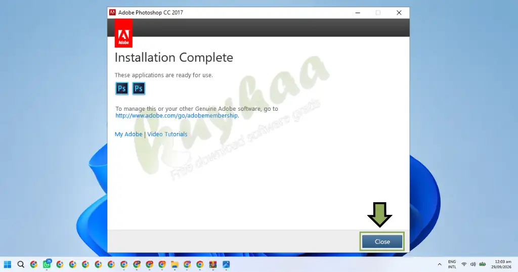 Installation complete prompt showing success message and the Close button.
