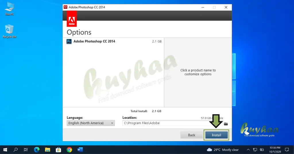Adobe Photoshop CC 2014 configuration screen showing language selection, install path, and the Install button