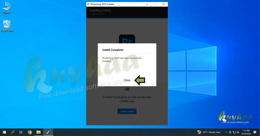 Installation finished prompt showing the success message and the Close button