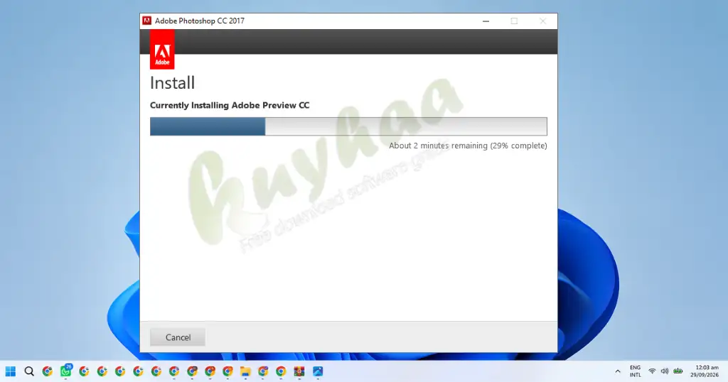 Installation progress bar showing Adobe Photoshop CC 2017 installing components