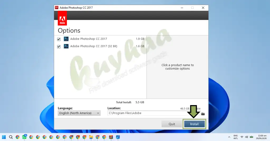 Adobe Photoshop CC 2017 installation window with options to select language, architecture (x64/x32), install path, and the Install button.