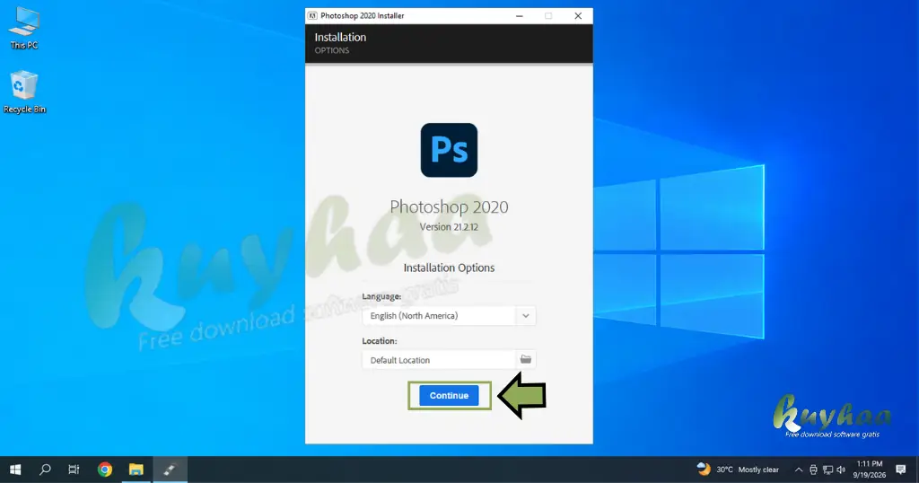 Pre-activated software installation window with language selection, installation path, and the Continue button highlighted
