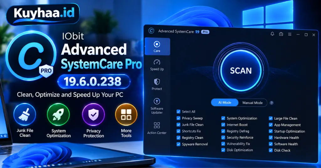 Tampilan IObit Advanced SystemCare Pro 19.6.0.238 di Windows untuk membersihkan dan mengoptimalkan PC