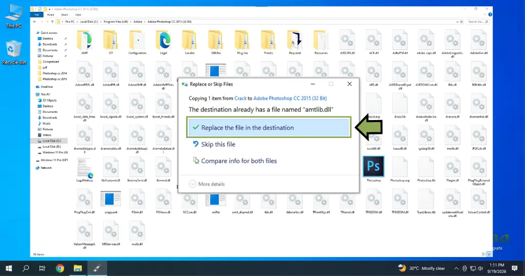 Destination folder directory showing the pasted .dll file with a prompt to replace the file in the destination