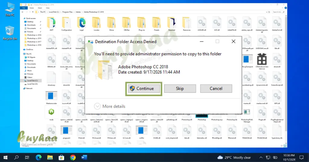 Photoshop CC 2018 installation folder directory in Local Disk C showing the pasted patch file with an admin permission prompt