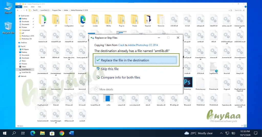 Destination folder directory showing the pasted .dll file with a prompt to replace the file
