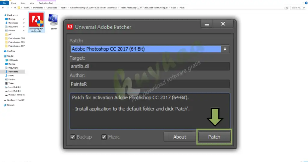Universal Adobe Patcher interface with the product version dropdown menu selected and the Patch button highlighted