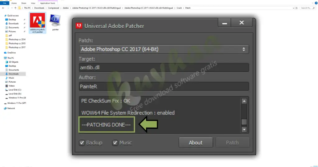 Universal Adobe Patcher interface displaying a 'Patching Done' status message at the bottom
