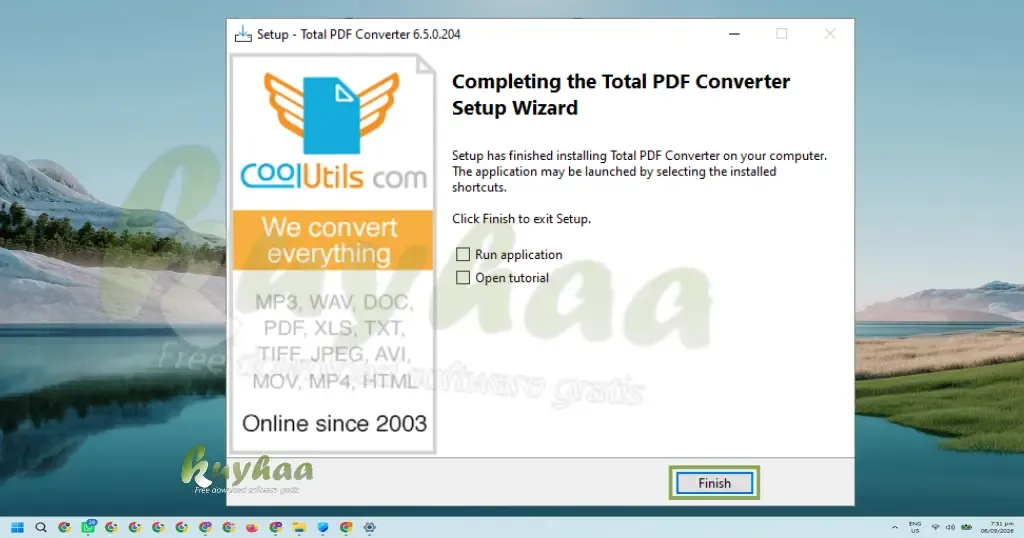 Jendela Completing the Total PDF Converter Setup Wizard yang menampilkan konfirmasi instalasi selesai dan tombol Finish disorot.