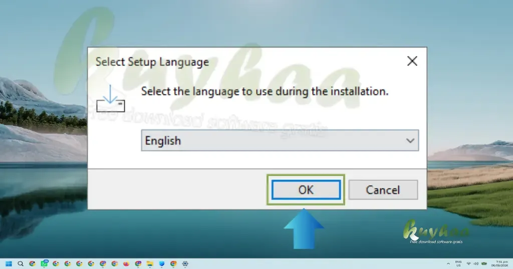 Jendela dialog Select Setup Language dengan opsi bahasa English dan tombol OK yang disorot.