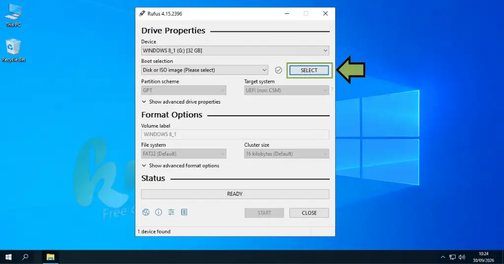 Rufus application interface opened and running on the desktop screen
