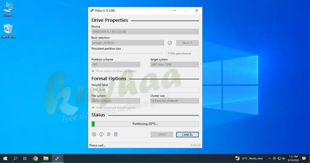 Rufus progress bar actively loading while creating the bootable USB drive