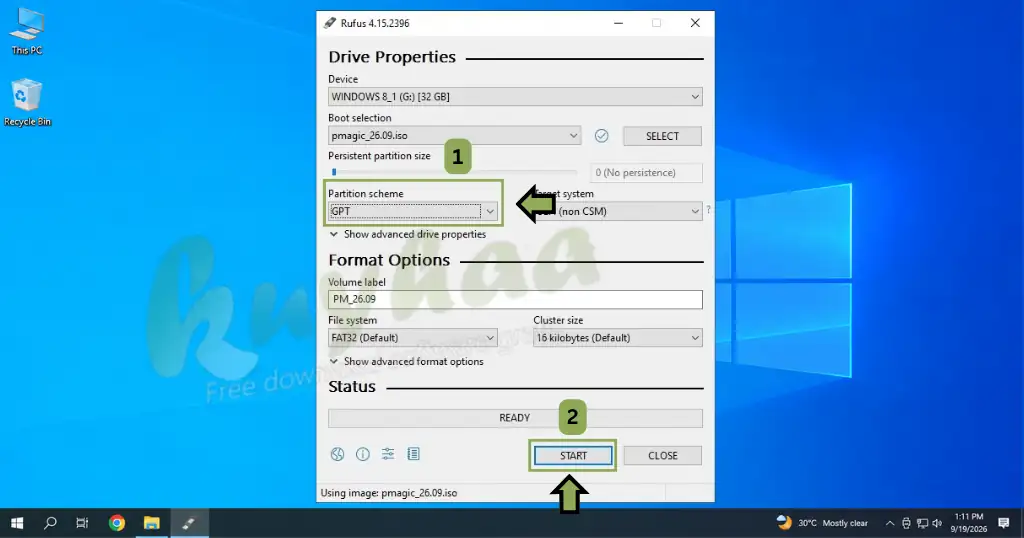 Rufus configuration settings panel showing the partition scheme dropdown menu set to GPT