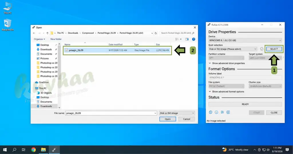 Rufus main interface highlighting the Select button to select the Partition Magic ISO File