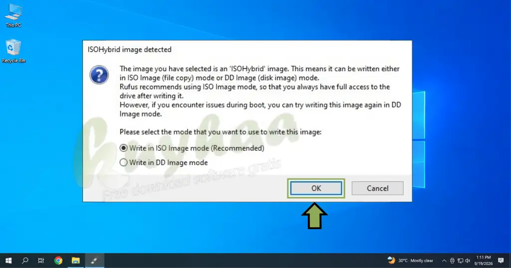 Rufus write mode warning or prompt window displaying options with the OK button highlighted.