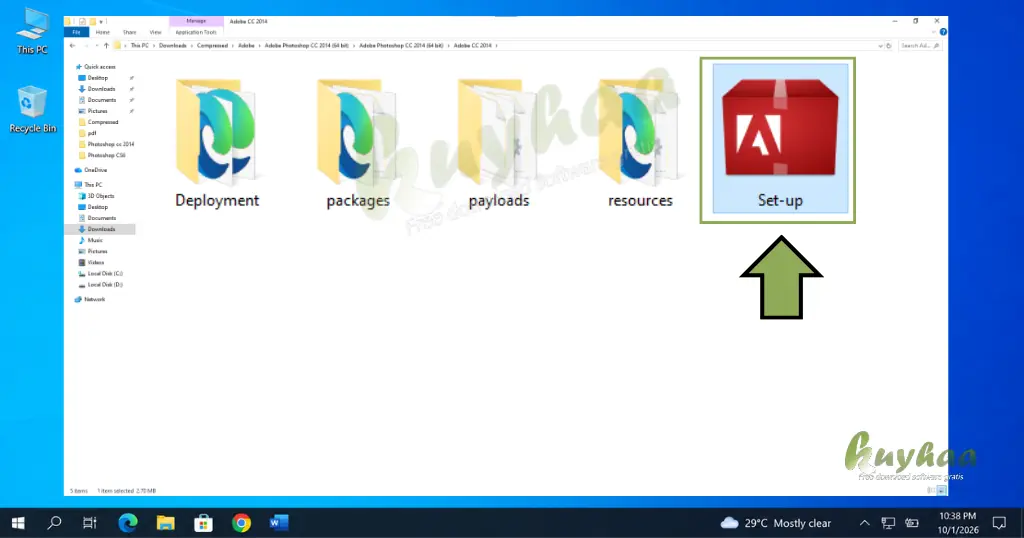 File Explorer window highlighting the Setup.exe application file inside the Adobe folder